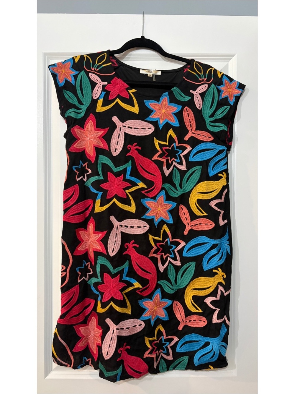 Black Floral Embroidered Dress with Multicolor Flowers